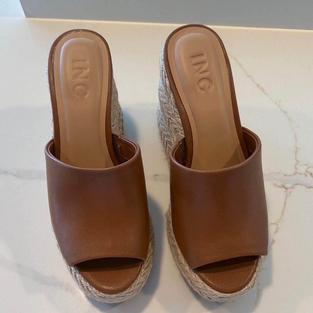 INC International Concepts Tan Espadrille Wedge Slide Sandals